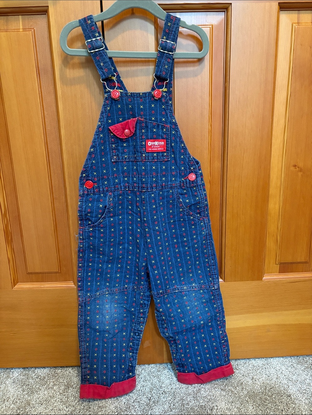 True Vintage OshKosh B'gosh Blue Denim Overalls with Red Trim 4T